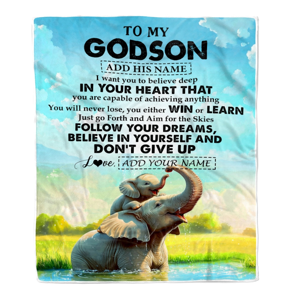 Personalized To My Godson Gifts From Godmother Uncle Blanket Don't Give Up Elephant Gifts For Godson Birthday Graduation Christmas Custom Fleece Blanket | siriusteestore