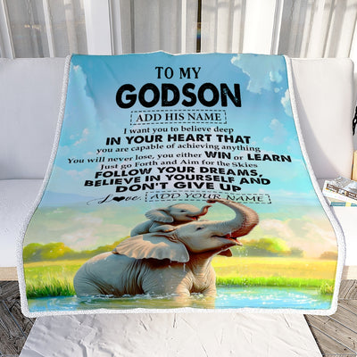 Personalized To My Godson Gifts From Godmother Uncle Blanket Don't Give Up Elephant Gifts For Godson Birthday Graduation Christmas Custom Fleece Blanket | siriusteestore