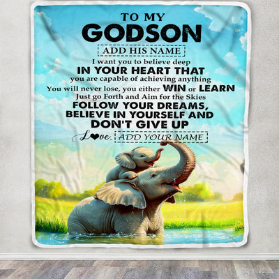 Personalized To My Godson Gifts From Godmother Uncle Blanket Don't Give Up Elephant Gifts For Godson Birthday Graduation Christmas Custom Fleece Blanket | siriusteestore