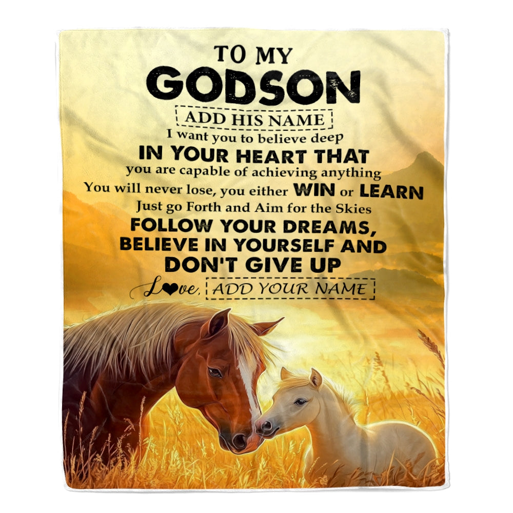 Personalized To My Godson Gifts From Godmother Uncle Blanket Don't Give Up Horse Gifts For Godson Birthday Graduation Christmas Customized Fleece Blanket | siriusteestore