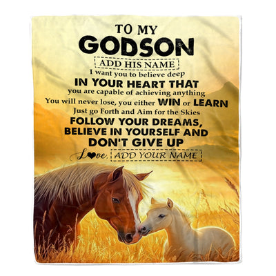 Personalized To My Godson Gifts From Godmother Uncle Blanket Don't Give Up Horse Gifts For Godson Birthday Graduation Christmas Customized Fleece Blanket | siriusteestore