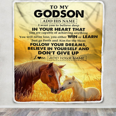 Personalized To My Godson Gifts From Godmother Uncle Blanket Don't Give Up Horse Gifts For Godson Birthday Graduation Christmas Customized Fleece Blanket | siriusteestore