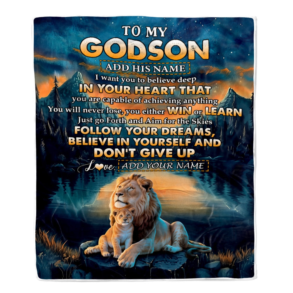 Personalized To My Godson Gifts From Godmother Uncle Blanket Don't Give Up Lion Gifts For Godson Birthday Graduation Christmas Customized Fleece Throw Blanket | siriusteestore