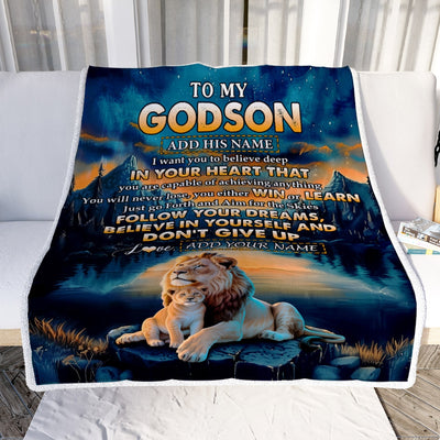 Personalized To My Godson Gifts From Godmother Uncle Blanket Don't Give Up Lion Gifts For Godson Birthday Graduation Christmas Customized Fleece Throw Blanket | siriusteestore