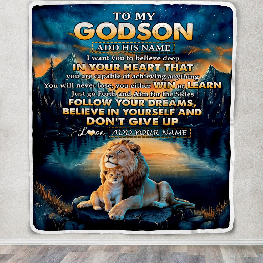 Personalized To My Godson Gifts From Godmother Uncle Blanket Don't Give Up Lion Gifts For Godson Birthday Graduation Christmas Customized Fleece Throw Blanket | siriusteestore