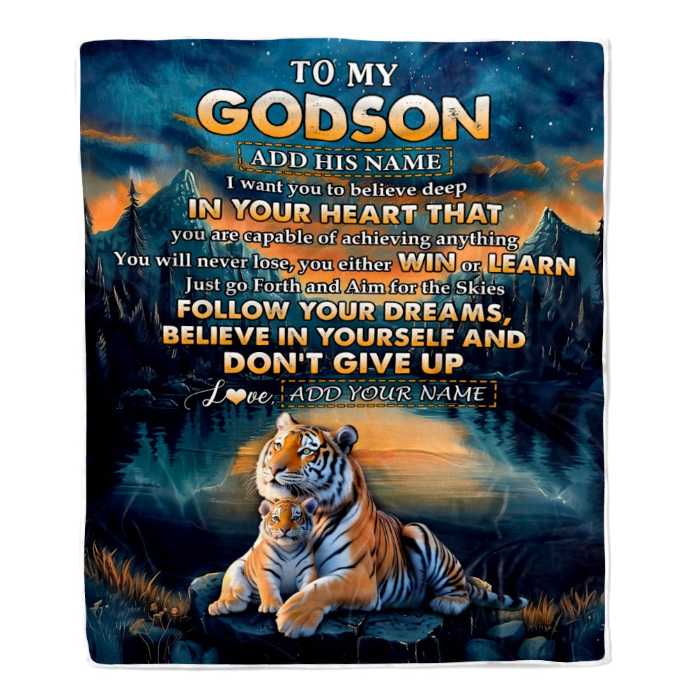Personalized To My Godson Gifts From Godmother Uncle Blanket Don't Give Up Tiger Gifts For Godson Birthday Graduation Christmas Customized Fleece Blanket | siriusteestore