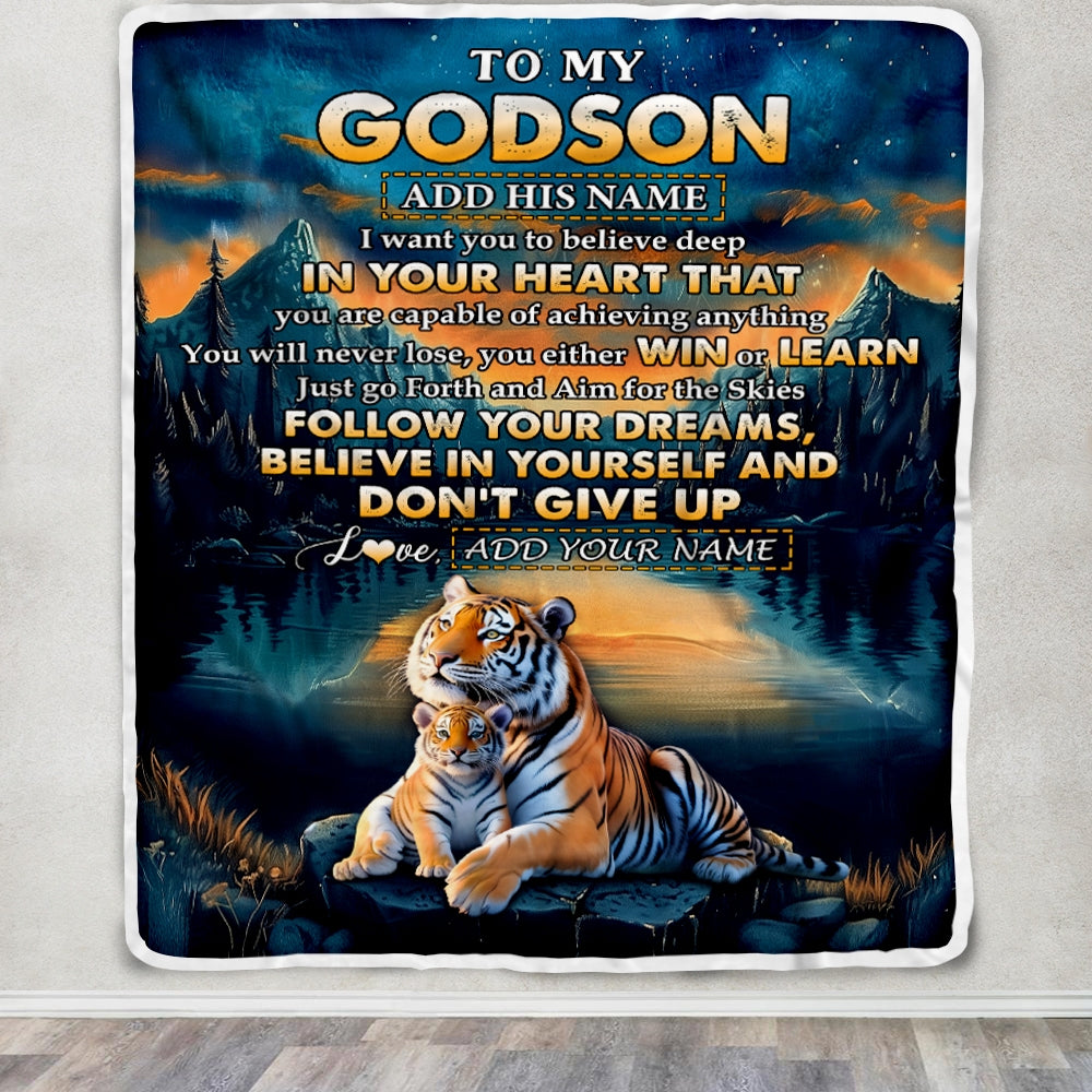 Personalized To My Godson Gifts From Godmother Uncle Blanket Don't Give Up Tiger Gifts For Godson Birthday Graduation Christmas Customized Fleece Blanket | siriusteestore