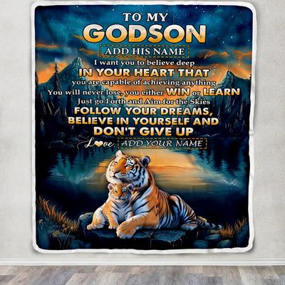Personalized To My Godson Gifts From Godmother Uncle Blanket Don't Give Up Tiger Gifts For Godson Birthday Graduation Christmas Customized Fleece Blanket | siriusteestore