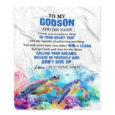 Personalized To My Godson Gifts From Godmother Uncle Blanket Don't Give Up Turtle Gifts For Godson Birthday Graduation Christmas Customized Fleece Blanket | siriusteestore