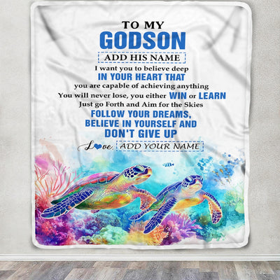 Personalized To My Godson Gifts From Godmother Uncle Blanket Don't Give Up Turtle Gifts For Godson Birthday Graduation Christmas Customized Fleece Blanket | siriusteestore