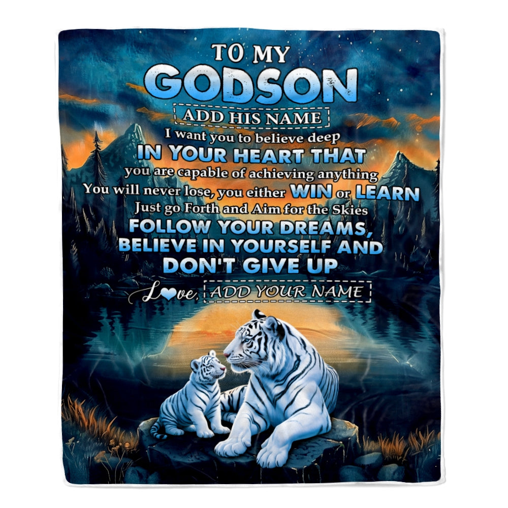 Personalized To My Godson Gifts From Godmother Uncle Blanket Don't Give Up White Tiger Gifts For Godson Birthday Graduation Christmas Custom Fleece Blanket | siriusteestore