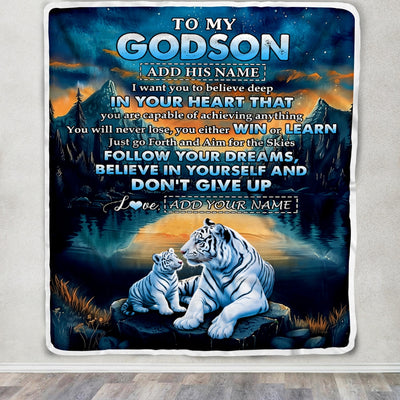 Personalized To My Godson Gifts From Godmother Uncle Blanket Don't Give Up White Tiger Gifts For Godson Birthday Graduation Christmas Custom Fleece Blanket | siriusteestore