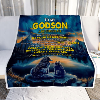 Personalized To My Godson Gifts From Godmother Uncle Blanket Don't Give Up Wolf Gifts For Godson Birthday Graduation Christmas Customized Fleece Throw Blanket | siriusteestore