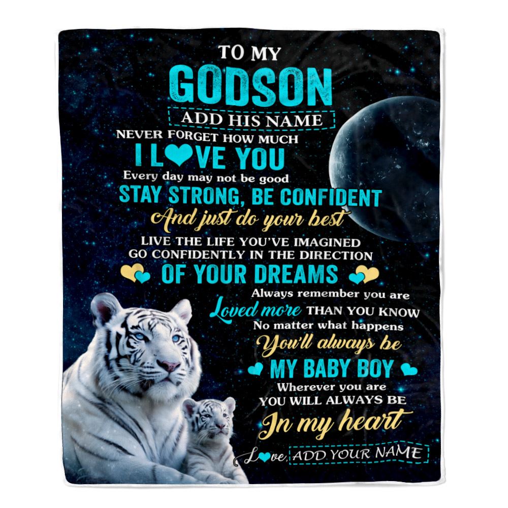 Personalized To My Godson Gifts From Godmother Uncle Blanket White Tiger Never Forget How Much I Love You Godson Birthday Graduation Christmas Fleece Blanket | siriusteestore