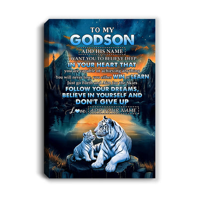 Personalized To My Godson Gifts From Godmother Uncle Canvas Don't Give Up White Tiger Gifts For Godson Birthday Graduation Christmas Custom Wall Art Framed Canvas | siriusteestore