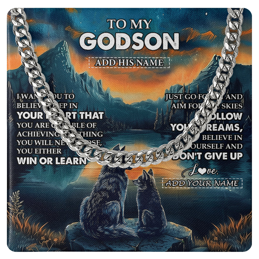 Cuban Link Chain Necklace Stainless Steel | 1 | Personalized To My Godson Gifts From Godmother Uncle Necklace Don't Give Up Wolf Gifts For Godson Birthday Graduation Christmas Custom Gift Box Message Card | siriusteestore
