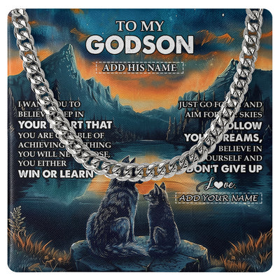 Cuban Link Chain Necklace Stainless Steel | 1 | Personalized To My Godson Gifts From Godmother Uncle Necklace Don't Give Up Wolf Gifts For Godson Birthday Graduation Christmas Custom Gift Box Message Card | siriusteestore