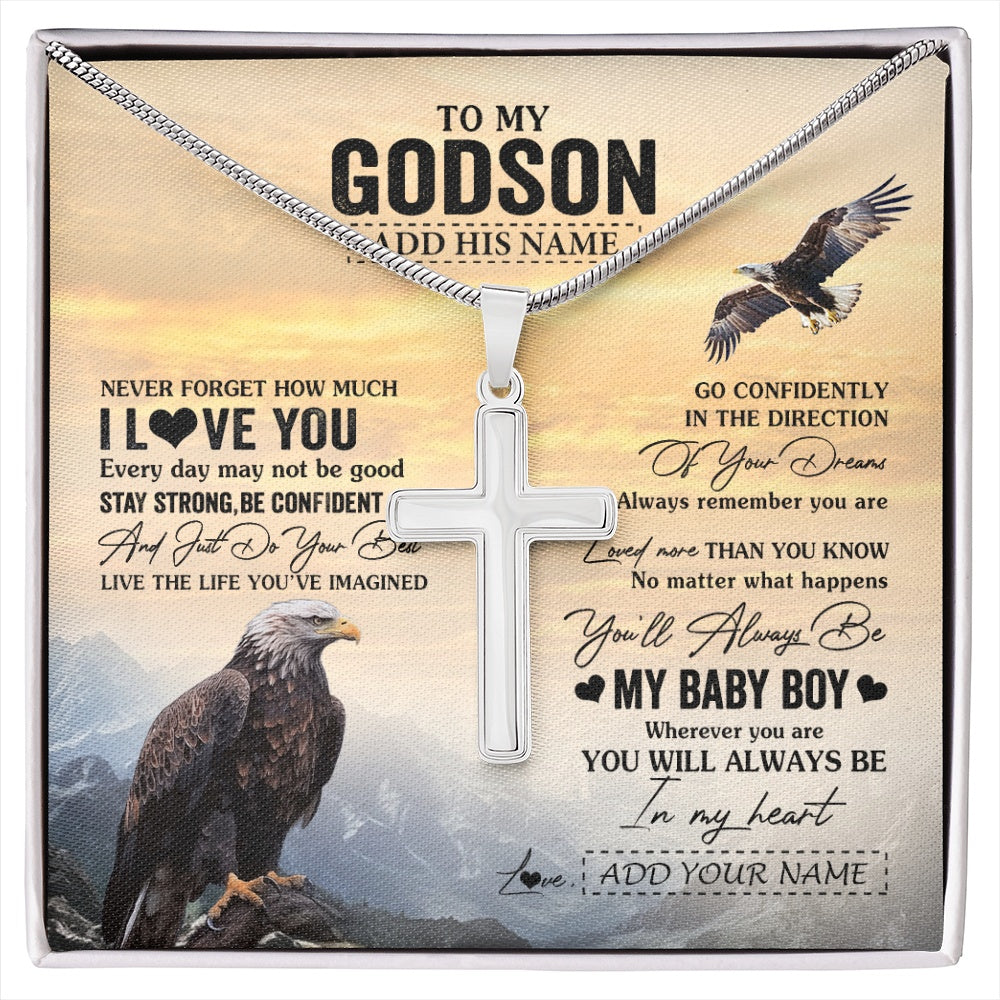 Stainless Cross Necklace Stainless Steel | 1 | Personalized To My Godson Gifts From Godmother Uncle Necklace Eagle Never Forget How Much I Love You Godson Birthday Graduation Christmas Gift Box Message Card | siriusteestore.myshopify