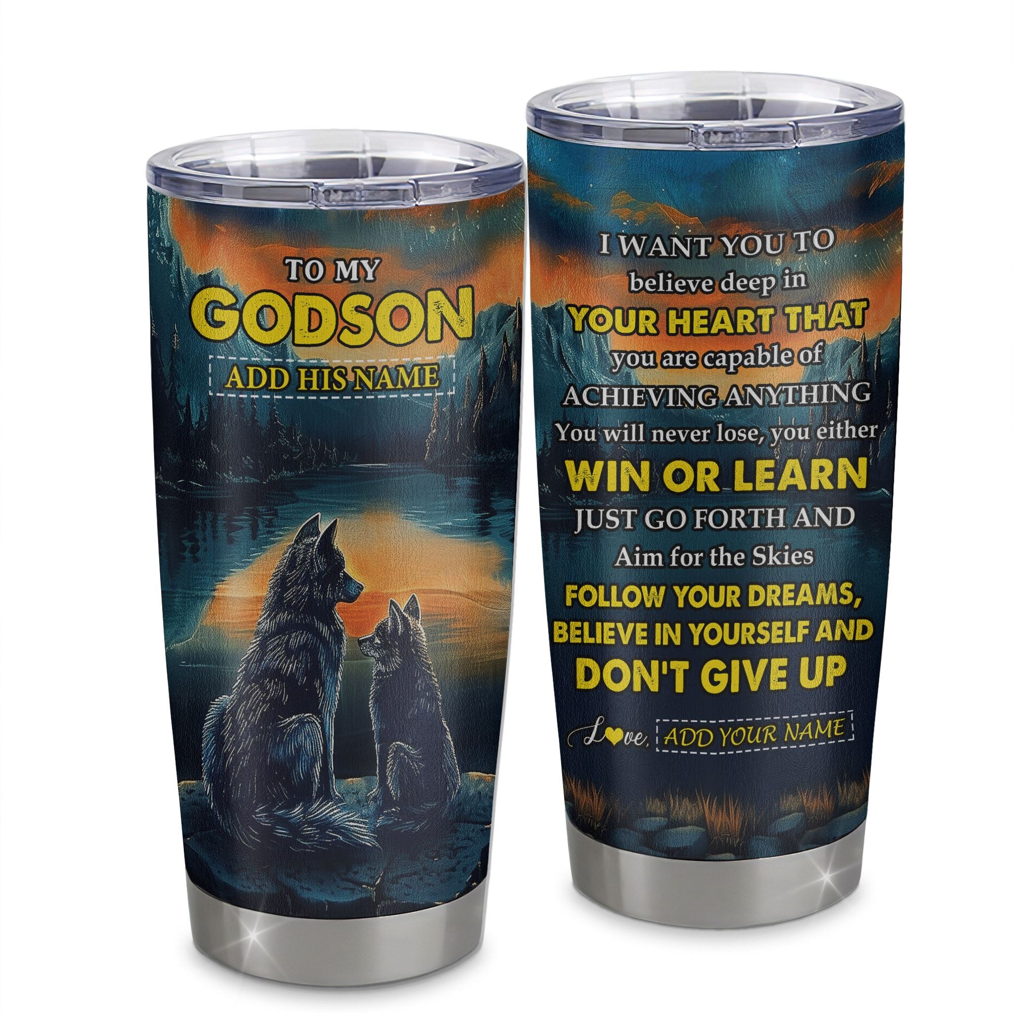 Personalized To My Godson Gifts From Godmother Uncle Tumbler Don't Give Up Wolf Gifts For Godson Birthday Graduation Christmas Custom Stainless Steel Cup Travel Mug | siriusteestore