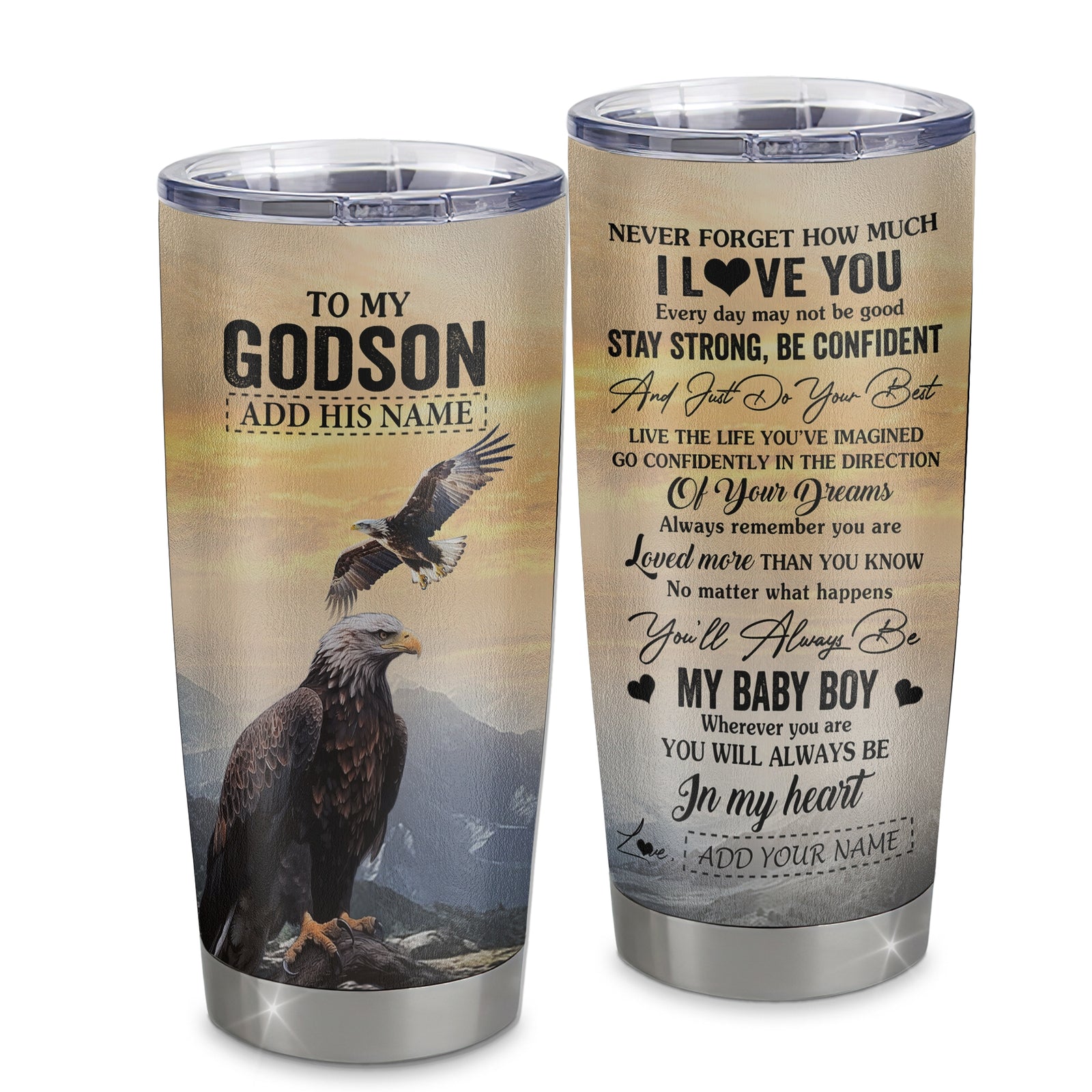 Personalized To My Godson Gifts From Godmother Uncle Tumbler Eagle Never Forget How Much I Love You Godson Birthday Graduation Christmas Custom Stainless Steel Mug | siriusteestore