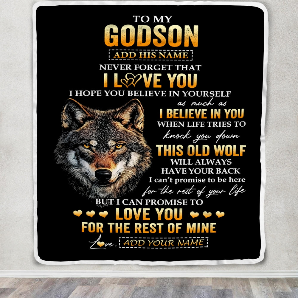Personalized To My Godson Gifts From Uncle Godfather Aunt Blanket Old Wolf Love You Godson Birthday Gifts Graduation Christmas Customized Fleece Throw Blanket | siriusteestore