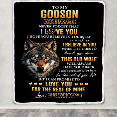 Personalized To My Godson Gifts From Uncle Godfather Aunt Blanket Old Wolf Love You Godson Birthday Gifts Graduation Christmas Customized Fleece Throw Blanket | siriusteestore