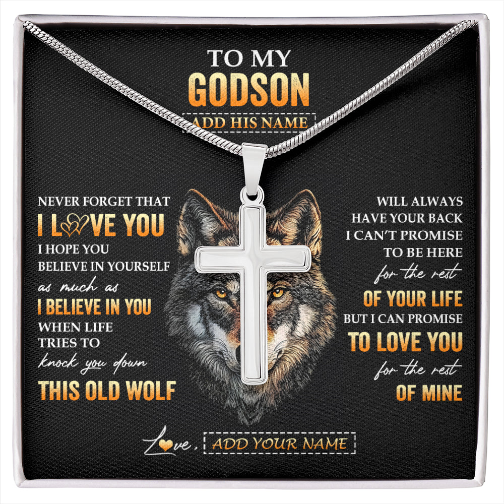 Stainless Cross Necklace Stainless Steel | 1 | Personalized To My Godson Gifts From Uncle Godfather Aunt Necklace Old Wolf Love You Godson Birthday Gifts Graduation Christmas Custom Gift Box Message Card | siriusteestore