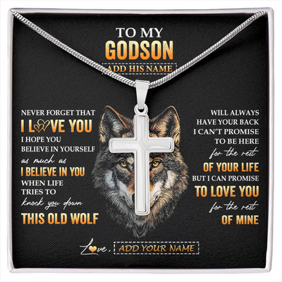 Stainless Cross Necklace Stainless Steel | 1 | Personalized To My Godson Gifts From Uncle Godfather Aunt Necklace Old Wolf Love You Godson Birthday Gifts Graduation Christmas Custom Gift Box Message Card | siriusteestore