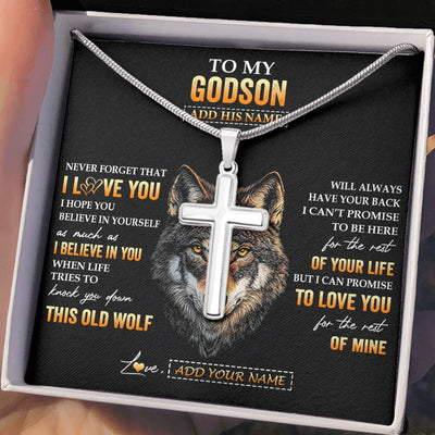 Stainless Cross Necklace Stainless Steel | 2 | Personalized To My Godson Gifts From Uncle Godfather Aunt Necklace Old Wolf Love You Godson Birthday Gifts Graduation Christmas Custom Gift Box Message Card | siriusteestore