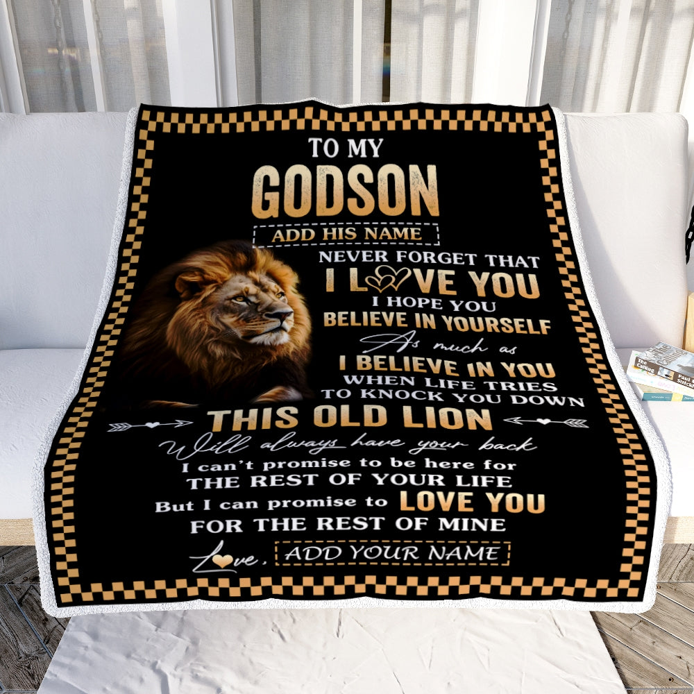Personalized To My Godson Gifts From Uncle Godmother Aunt Blanket Old Lion Love You Godson Birthday Gifts Graduation Christmas Customized Fleece Throw Blanket | siriusteestore