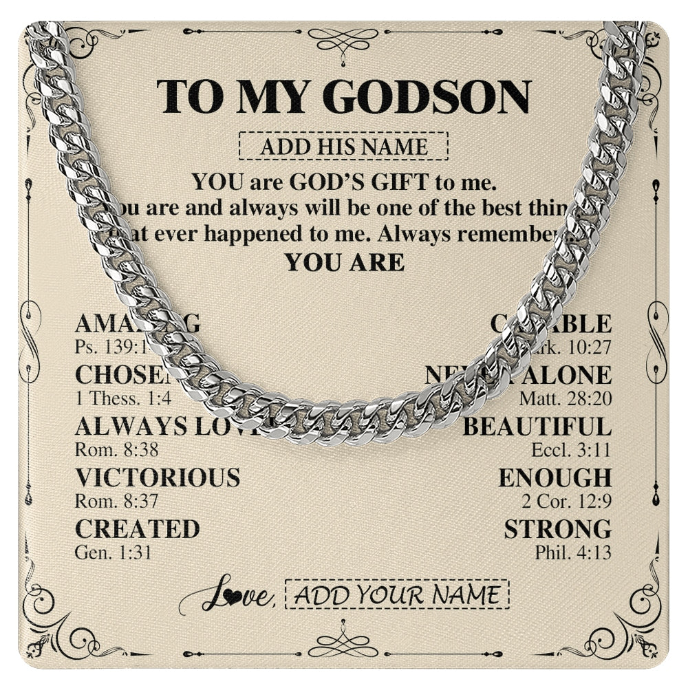 Cuban Link Chain Necklace Stainless Steel | 1 | Personalized To My Godson Gifts Necklace From Godmother Uncle You Are God's Gift To Me Godson Birthday Gifts Christmas Christian Custom Gift Box Message Card | https://siriusteestore.