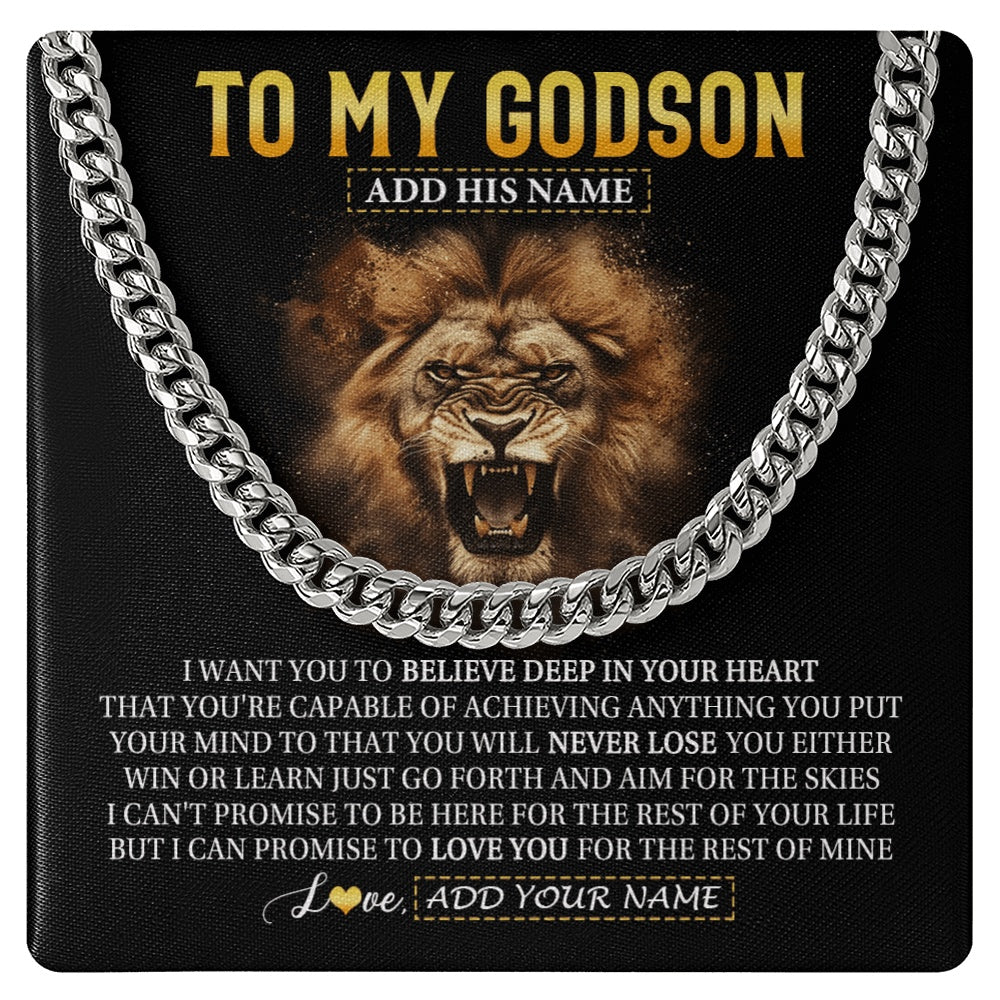 Cuban Link Chain Necklace Stainless Steel | 1 | Personalized To My Godson Gifts Necklace From Uncle Aunt Believe In Your Heart Lion Godson Birthday Gifts Graduation Christmas Custom Gift Box Message Card | https://siriusteestore.