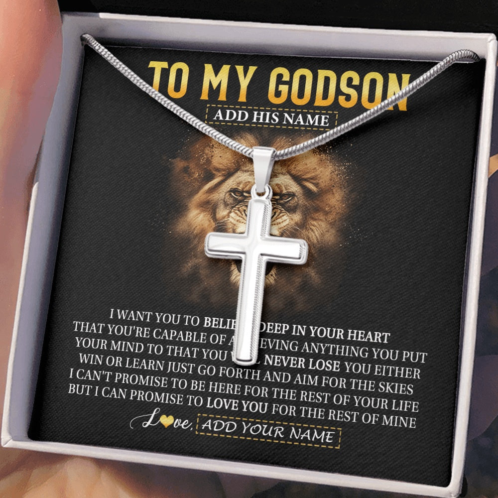 Stainless Cross Necklace Stainless Steel | 2 | Personalized To My Godson Gifts Necklace From Uncle Aunt Believe In Your Heart Lion Godson Birthday Gifts Graduation Christmas Custom Gift Box Message Card | https://siriusteestore.