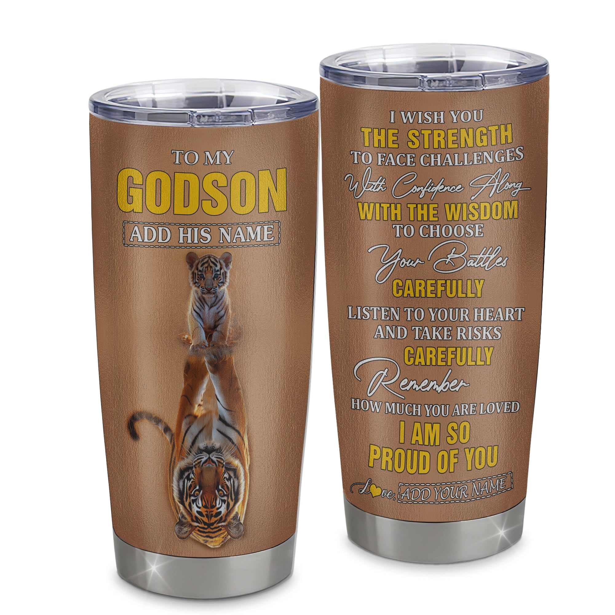 Personalized To My Godson Gifts Tumbler From Godmother Godfather I Wish You The Strength Tiger Godson Birthday Gifts Christmas Graduation Custom Stainless Steel Mug | siriusteestore