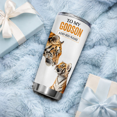 Personalized To My Godson Gifts Tumbler From Godmother Godfather Wherever Your Journey In Life Tiger Godson Birthday Gifts Graduation Custom Stainless Steel Travel Mug | siriusteestore