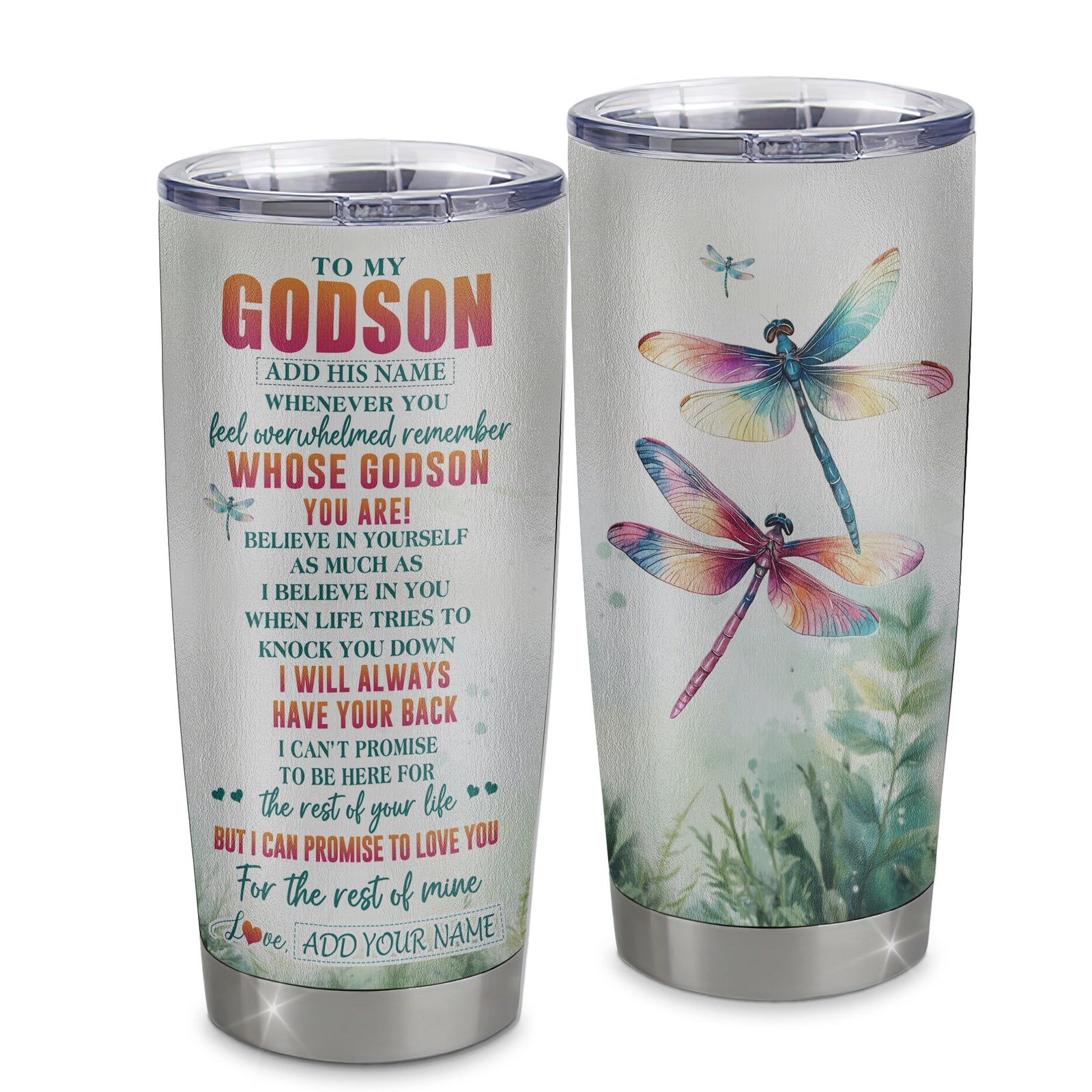Personalized To My Godson Gifts Tumbler From Godmother Uncle Godmother Whenever You Feel Dragonfly Godson Birthday Gifts Graduation Christmas Custom Stainless Steel Mug | siriusteestore