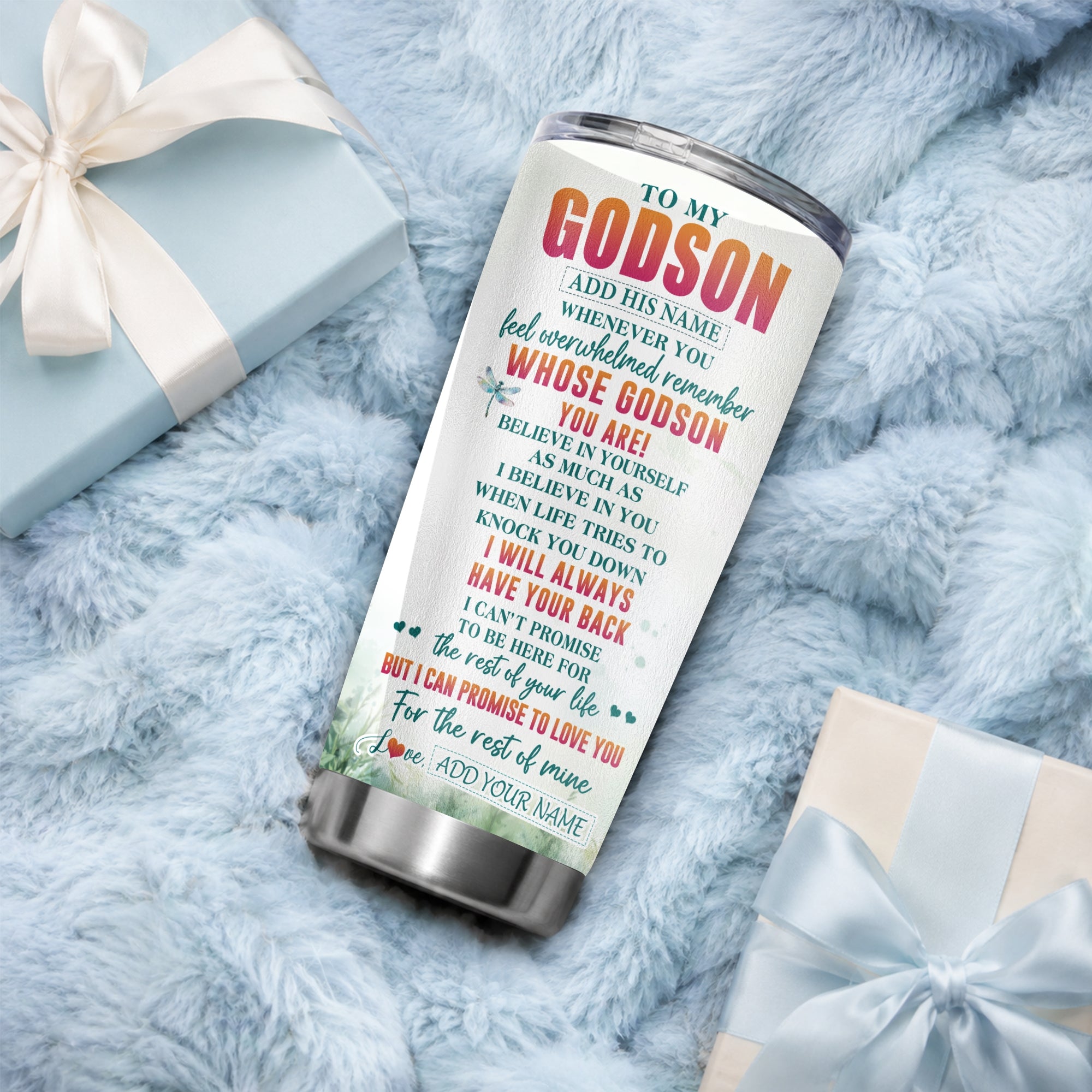 Personalized To My Godson Gifts Tumbler From Godmother Uncle Godmother Whenever You Feel Dragonfly Godson Birthday Gifts Graduation Christmas Custom Stainless Steel Mug | siriusteestore