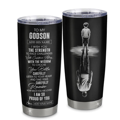 Personalized To My Godson Gifts Tumbler From Godmother Uncle I Wish You The Strength Godson Birthday Gifts Christmas Graduation Custom Stainless Steel Travel Mug | siriusteestore