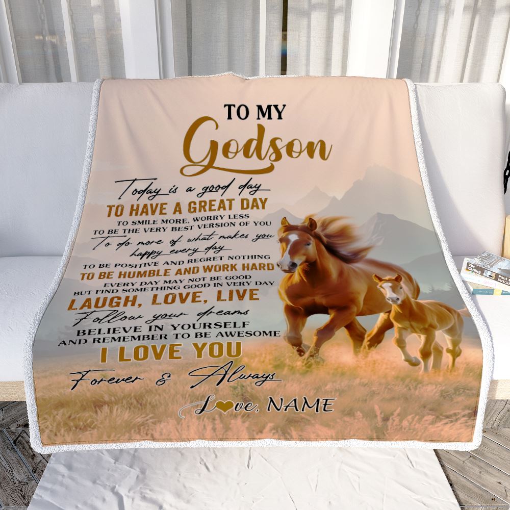 Personalized To My Godson Horse Blanket From Godmother Uncle Every Day Laugh Love Live Godson Birthday Gifts Graduation Christmas Customized Fleece Blanket | siriusteestore