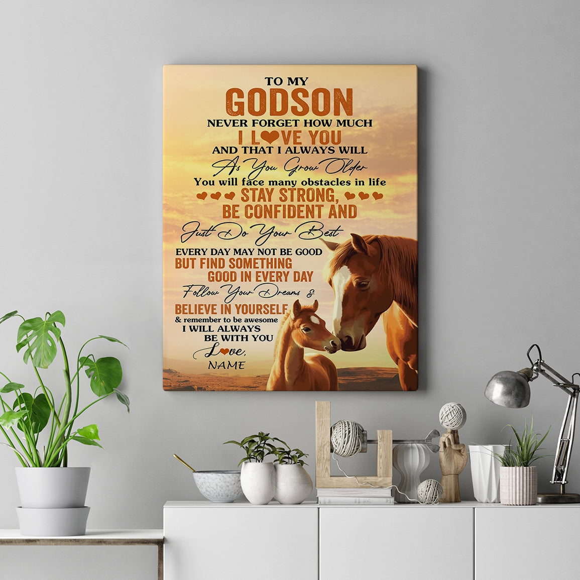 Personalized To My Godson I Love You Forever Canvas From Godfather Godmother Horse Godson Birthday Gifts Graduation Christmas Custom Wall Art Print Framed Canvas | siriusteestore