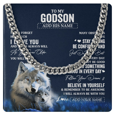 Cuban Link Chain Necklace Stainless Steel | 1 | Personalized To My Godson I Love You Forever Necklace From Godmother Godfather Wolf Godson Birthday Gifts Graduation Christmas Custom Gift Box Message Card | siriusteestore.myshopify