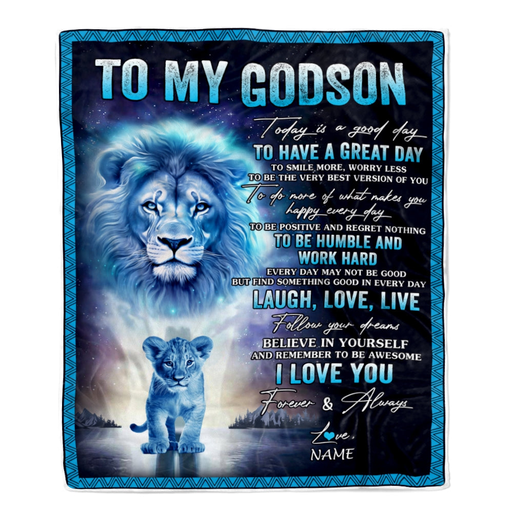 Personalized To My Godson Lion Blanket From Godfather Every Day Laugh Love Live Godson Birthday Graduation Christmas Customized Bed Fleece Throw Blanket | siriusteestore
