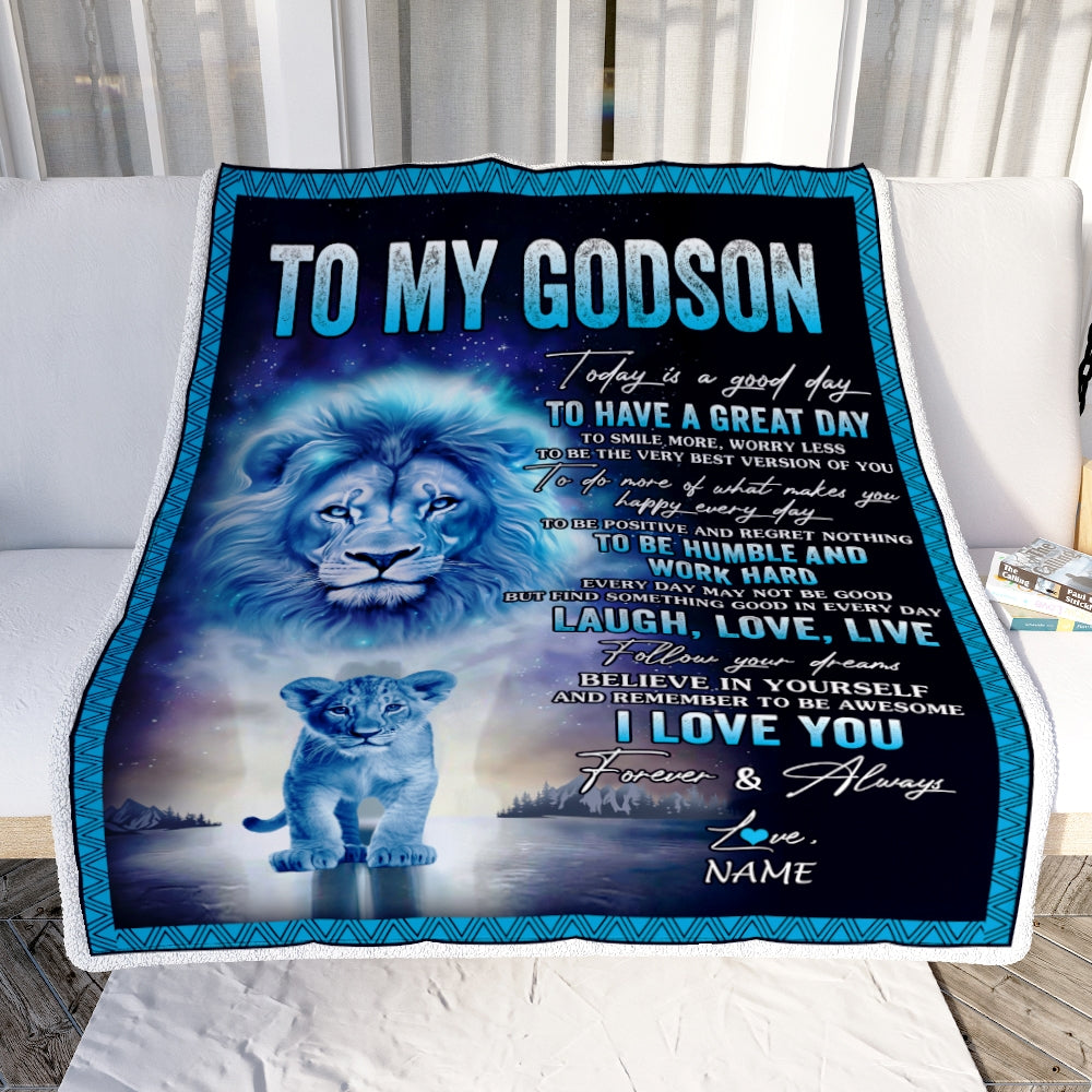 Personalized To My Godson Lion Blanket From Godfather Every Day Laugh Love Live Godson Birthday Graduation Christmas Customized Bed Fleece Throw Blanket | siriusteestore