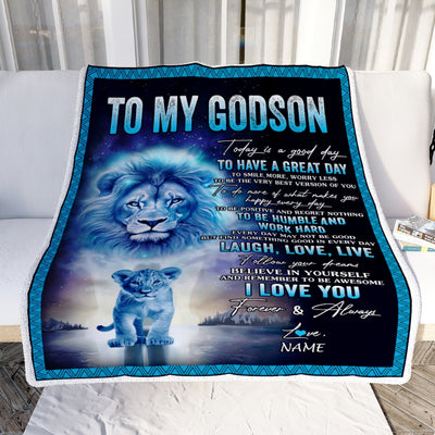 Personalized To My Godson Lion Blanket From Godfather Every Day Laugh Love Live Godson Birthday Graduation Christmas Customized Bed Fleece Throw Blanket | siriusteestore