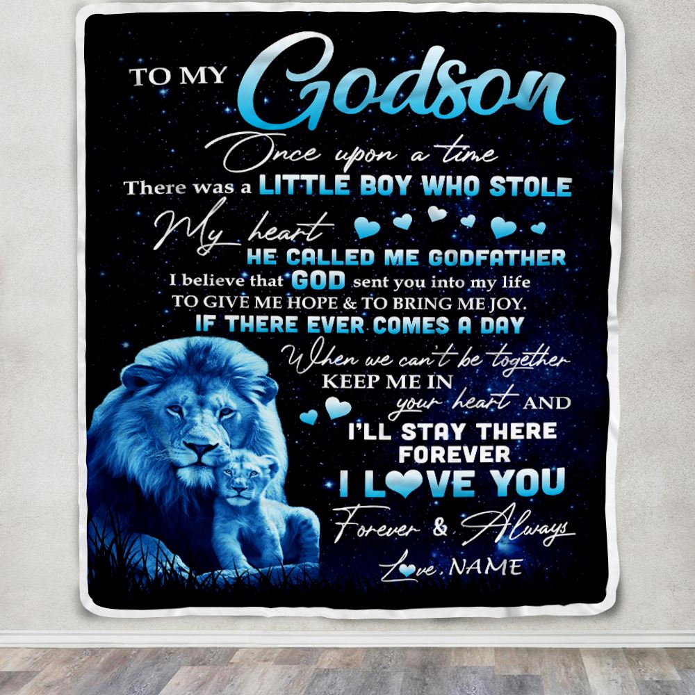 Personalized To My Godson Lion Blanket From Godfather I'll Stay There Forever Godson Birthday Graduation Christmas Customized Bed Quilt Fleece Throw Blanket | siriusteestore