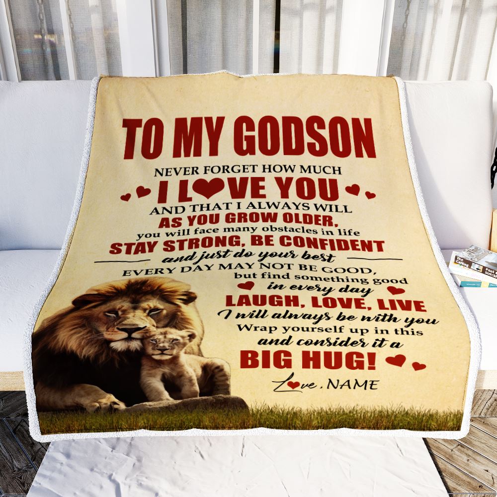 Personalized To My Godson Lion Blanket From Godfather Never Forget How Much I Love You Godson Birthday Graduation Christmas Customized Bed Fleece Blanket | siriusteestore