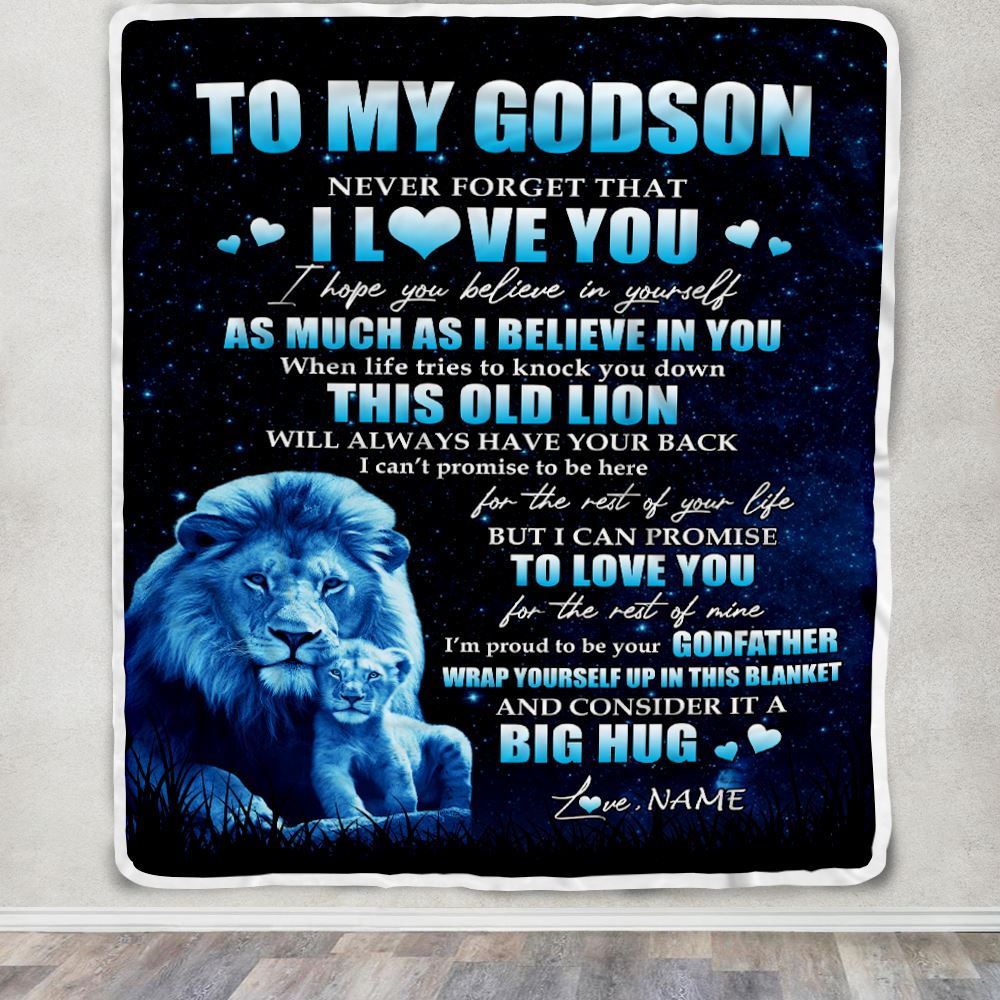 Personalized To My Godson Lion Blanket From Godfather Never Forget I Love You Godson Birthday Graduation Christmas Customized Bed Fleece Throw Blanket | siriusteestore
