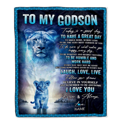 Personalized To My Godson Lion Blanket From Godmother Every Day Laugh Love Live Godson Birthday Graduation Christmas Customized Bed Fleece Throw Blanket | siriusteestore