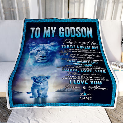Personalized To My Godson Lion Blanket From Godmother Every Day Laugh Love Live Godson Birthday Graduation Christmas Customized Bed Fleece Throw Blanket | siriusteestore