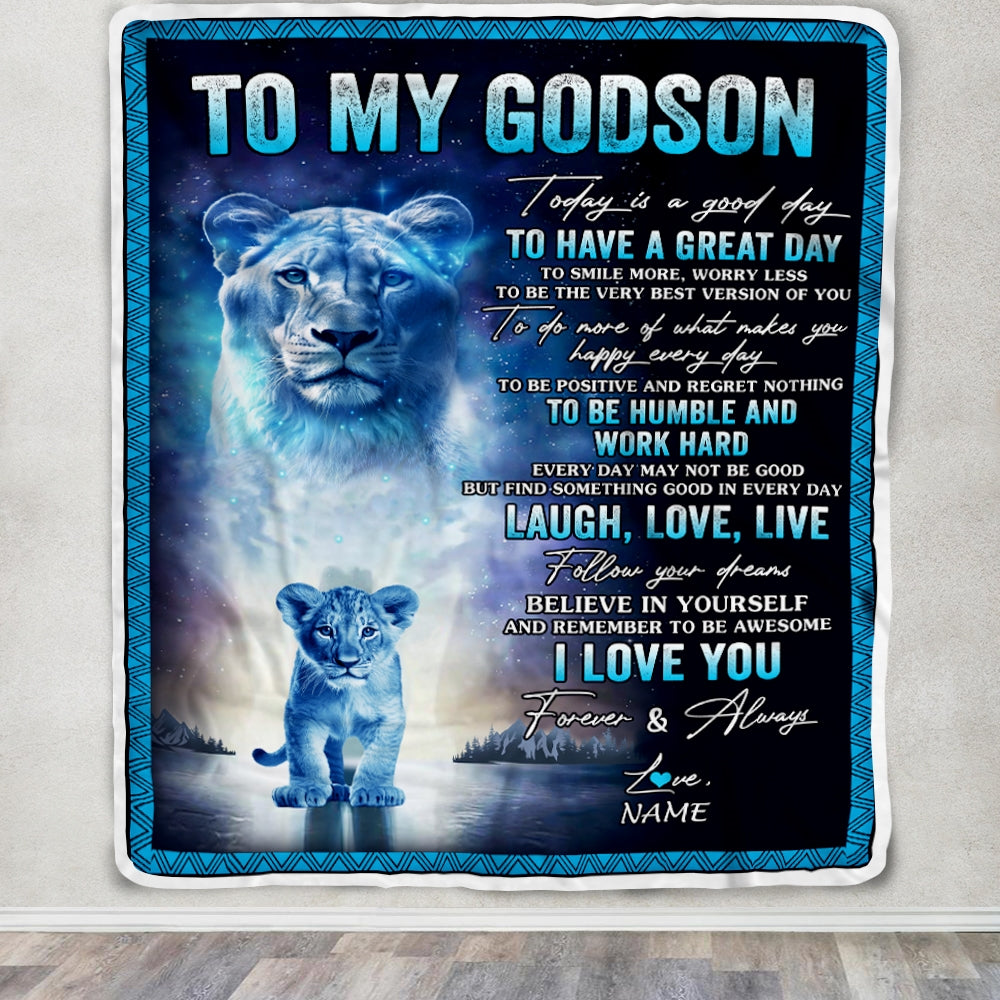 Personalized To My Godson Lion Blanket From Godmother Every Day Laugh Love Live Godson Birthday Graduation Christmas Customized Bed Fleece Throw Blanket | siriusteestore